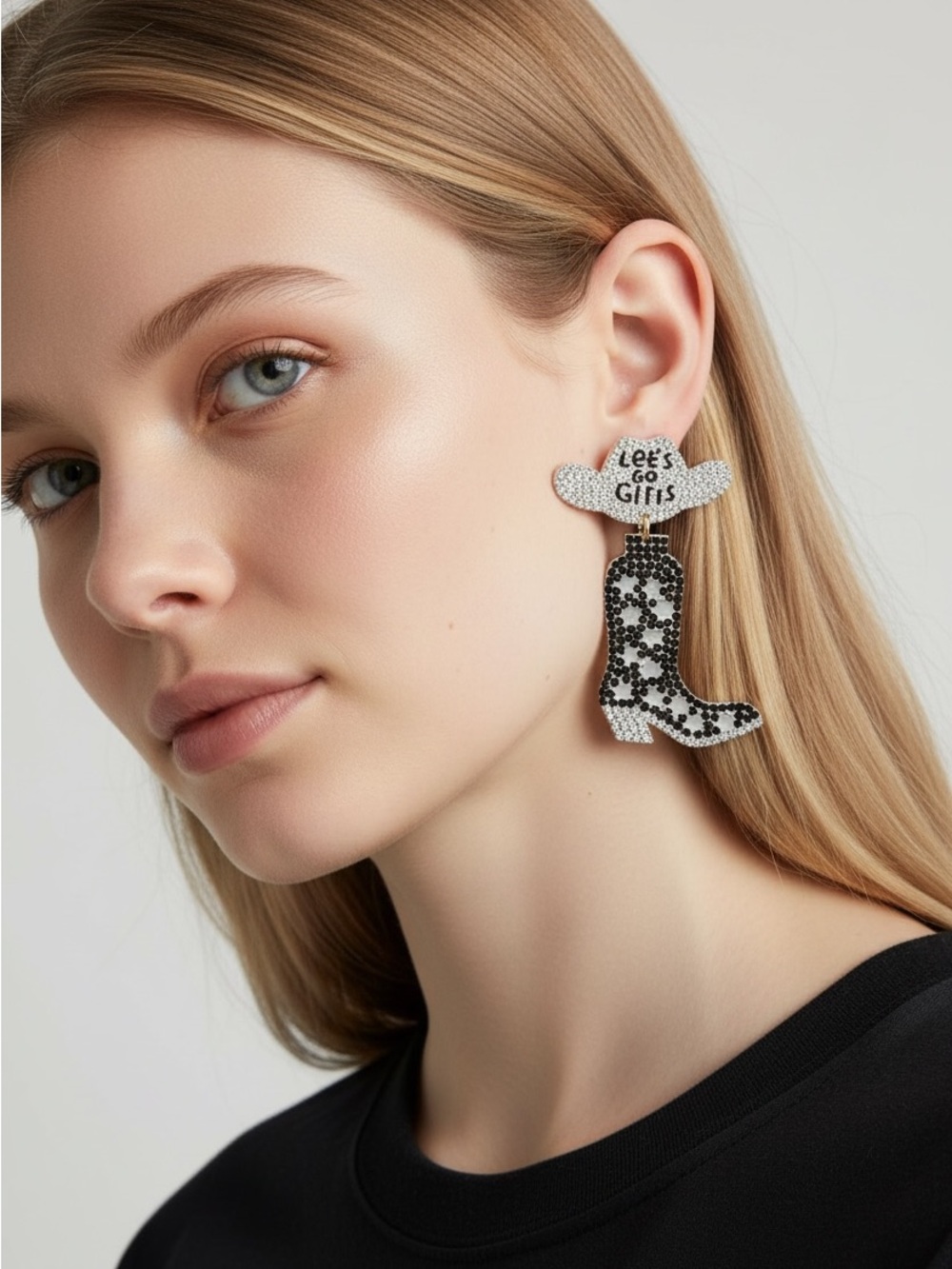9/19 Silver & Black 'Let's Go Girls' Cowgirl Boot Statement Earrings